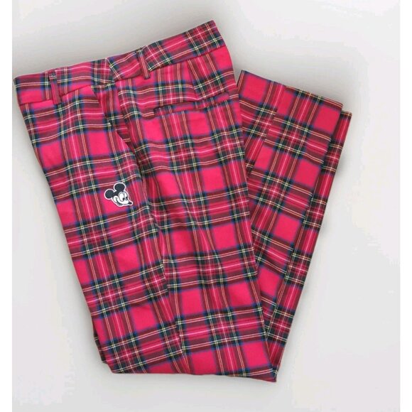 Disney x Forever 21 Pants Womens SZ Medium Red Plaid Trouser Mickey Mouse Patch - Picture 1 of 9